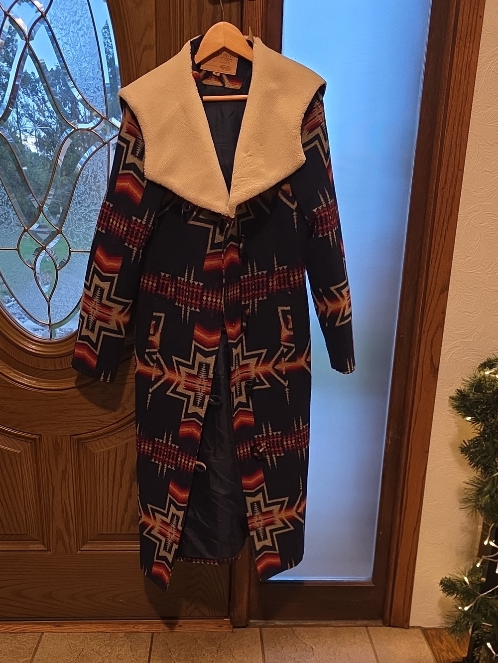 Long Navajo-Print Trench Coat with Cream Sherpa Collar
